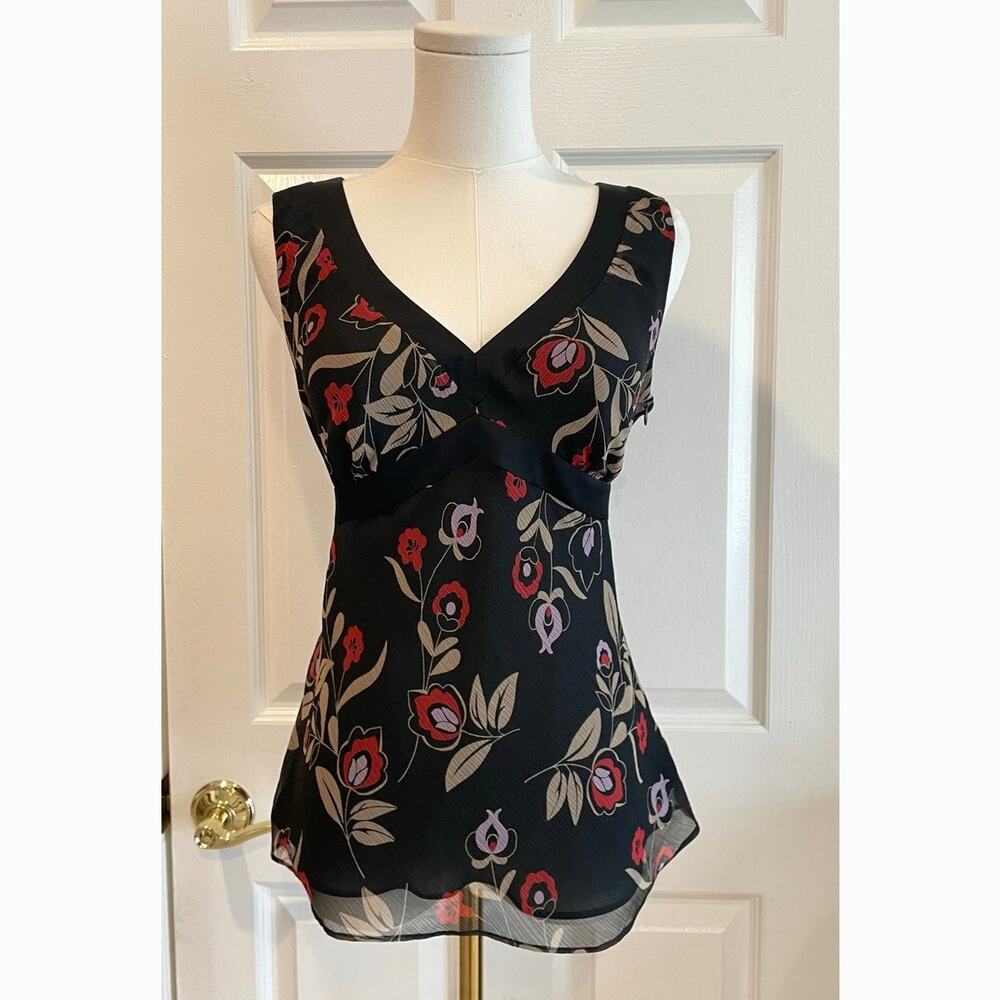 Ann Taylor LOFT Vintage Y2K Black Floral Chiffon Empire Waist Babydoll Blouse